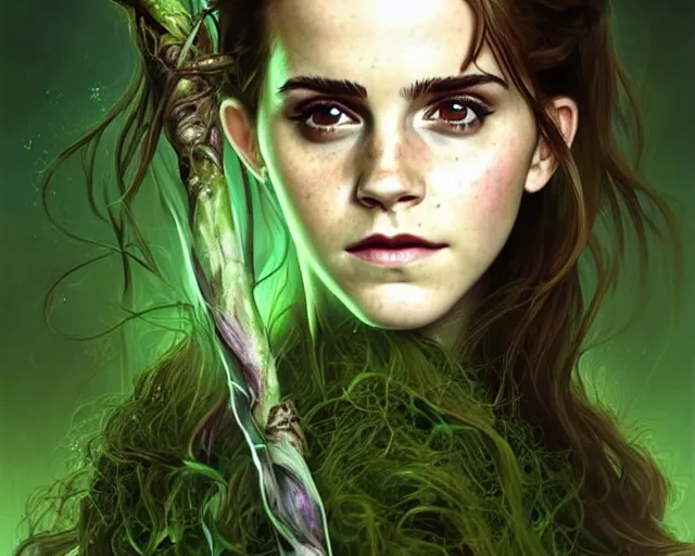 Image similar to mindblowing portrait of emma watson as a swamp witch, green colored skin!!, holding a caduceus staff, messy hair, deep focus, d & d, fantasy, intricate, elegant, highly detailed, digital painting, artstation, concept art, matte, sharp, illustration, hearthstone, art by artgerm and greg rutkowski and alphonse mucha