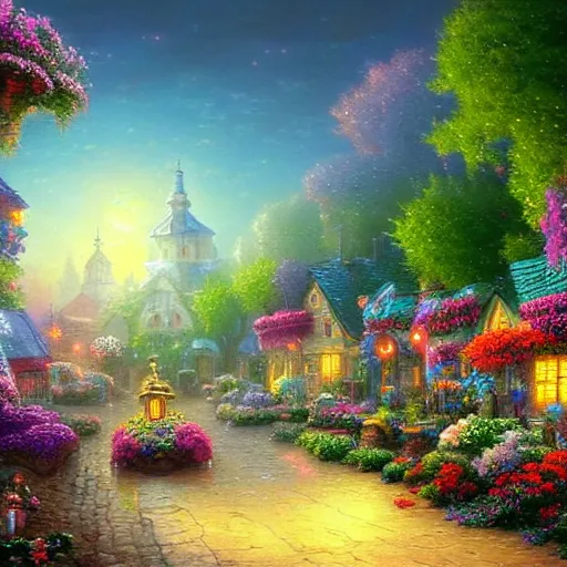 Prompt: flower village by evgeny lushpin, thomas kinkade, igor zenin, gilbert williams, bruce pennington, paul lehr, martin johnson heade, andreas franke