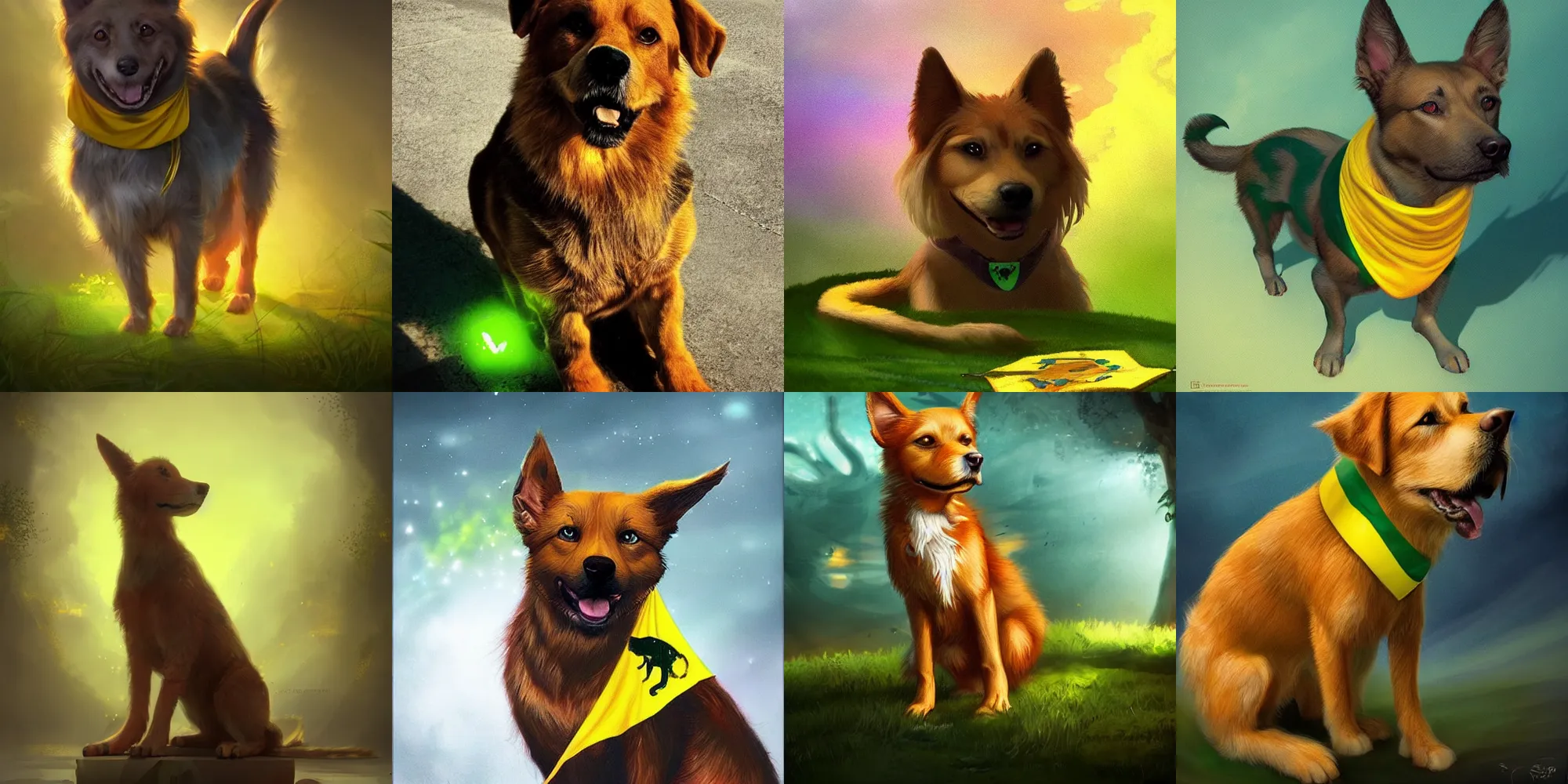 Prompt: beautiful picture of stray, Stray caramel dog and a green and yellow flag | very short fur | glowing colors, fantasy art, trending on artstation, cgsociety, nice composition, great fantasy mood, classic Disney mood