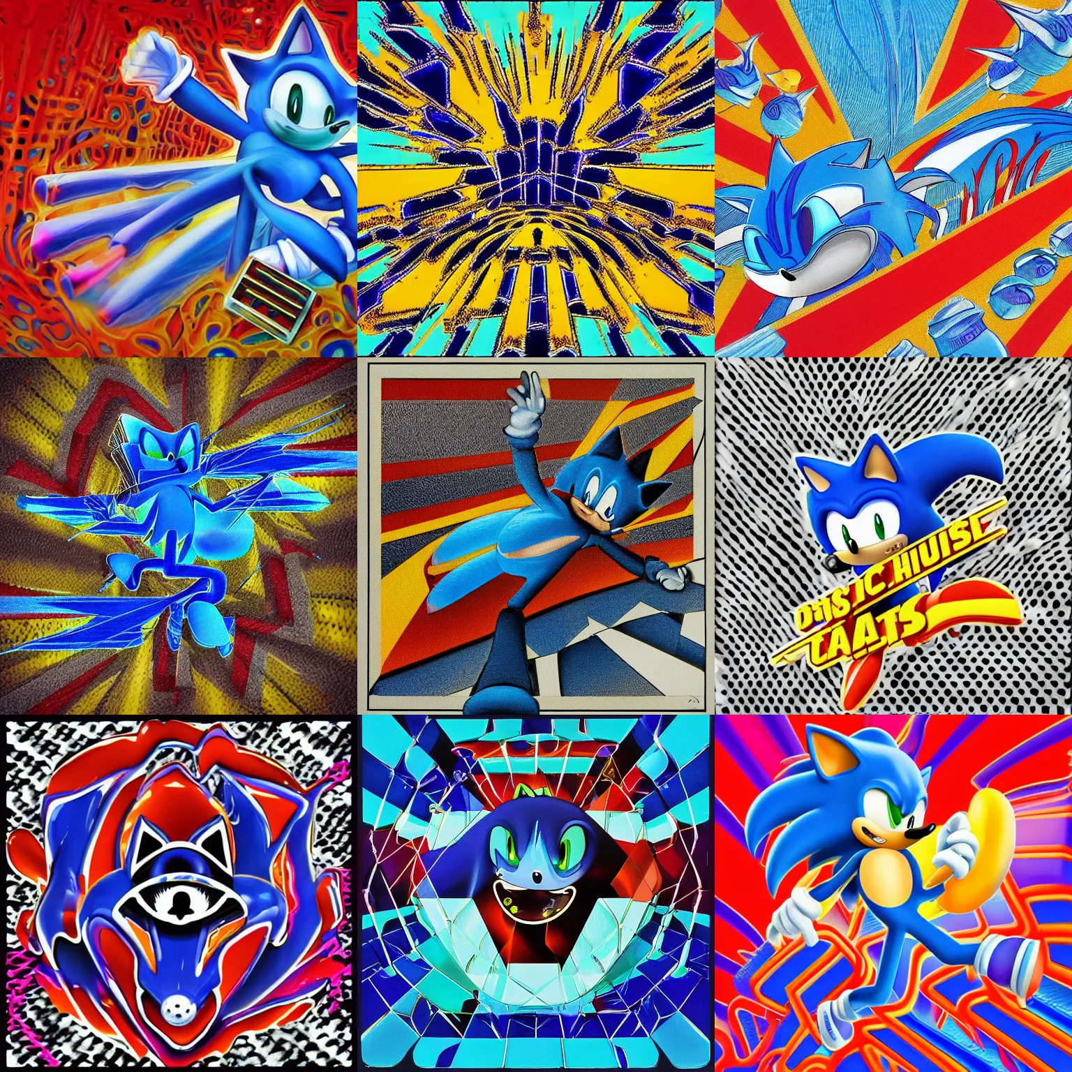 Prompt: surreal, sonic, faded, totally radical detailed professional, high quality memphis group airbrush art MGMT album cover of a liquid dissolving LSD DMT blue sonic the hedgehog on a flat checkerboard plane, 1980s 1988 prerendered graphics raytraced phong shaded album cover