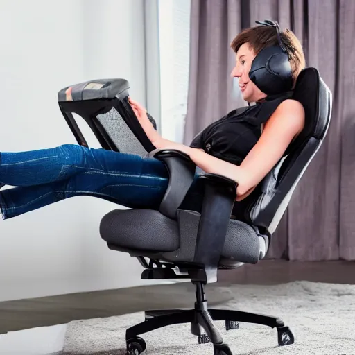 Prompt: woman lounging in a gaming chair, left leg on the floor, right leg dangling over the right arm of the chair