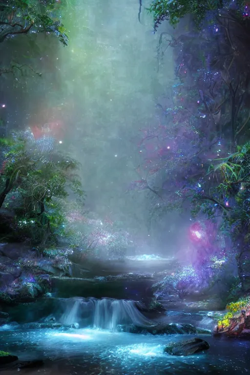 Image similar to The sparkling creek is full of jewels and glitters in the moonlight, ruby, sapphire, celestine, moonstone, amethyst, garnet, emerald, pearl, concept art, fantasy, gothic cathedral, light through the mist, dramatic lighting, photorealistic, cinematic lighting, high detail, cinematic feel, high octane, 4K, Unreal Engine, digital render, intricate, ultra realistic, crepuscular ray, low angle, superwide shot, lunapunk