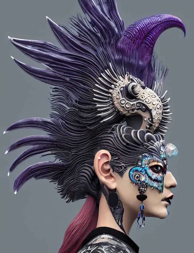 Image similar to 3 d goddess close - up profile portrait punk with mohawk with ram skull. beautiful intricately detailed japanese crow kitsune mask and clasical japanese kimono. betta fish, jellyfish phoenix, bio luminescent, plasma, ice, water, wind, creature, artwork by tooth wu and wlop and beeple and greg rutkowski