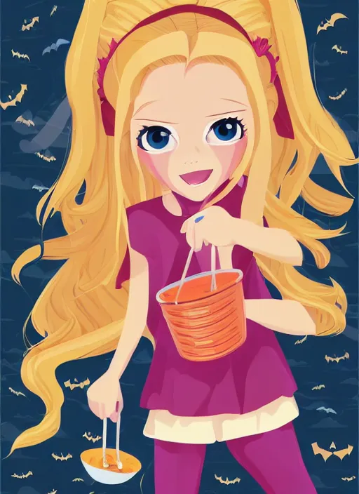 Image similar to three year old girl with long blonde hair in a halloween scene. she is carrying a candy bucket. clean cel shaded vector art. shutterstock. behance hd by lois van baarle, artgerm, helen huang, by makoto shinkai and ilya kuvshinov, rossdraws, illustration, art by ilya kuvshinov