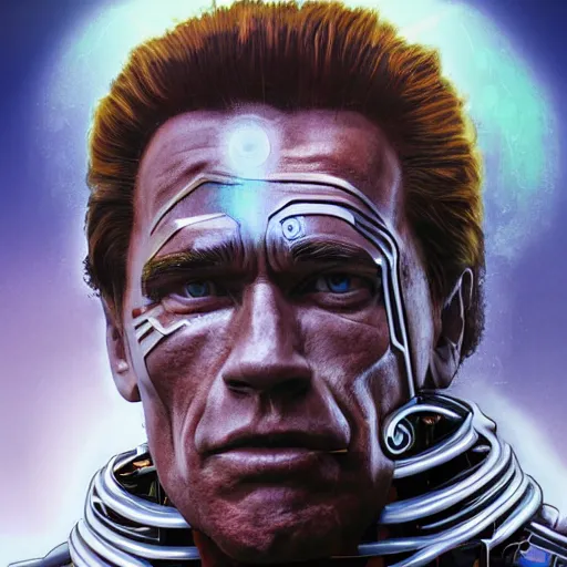 Prompt: beautiful Fine art photo portrait of enraptured Arnold Schwarzenegger as a solarpunk robotic god, white mechanical parts with led lights, photorealistic, white background, highly detailed and intricate, sunset lighting, HDR 8k