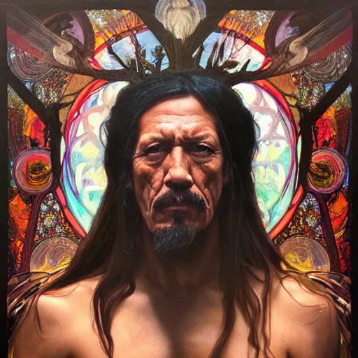 Image similar to an acrylic on canvas portrait of Danny Trejo Shaman Lightworker Alchemist Druid, Mystery, Love, wholeness, rooted lineage, web of life, open eye freedom by Greg Rutkowski, Artgerm and Alphonse Mucha. Epic fantasy art.