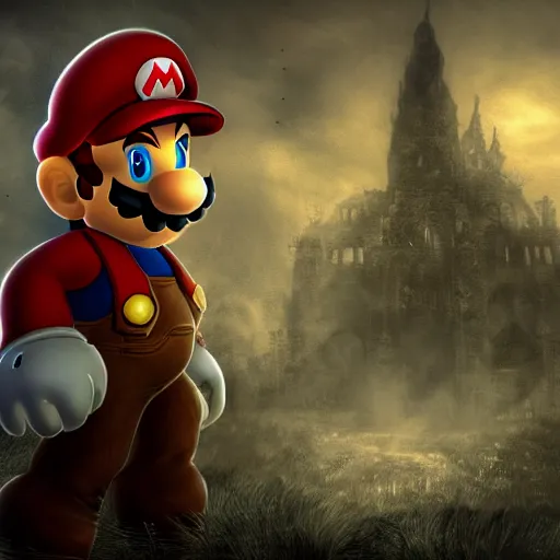 Image similar to concept art of mario in a ruined kingdom, resident evil, horror, occult, terror, mist, volumetric render, digital painting, detailed painting