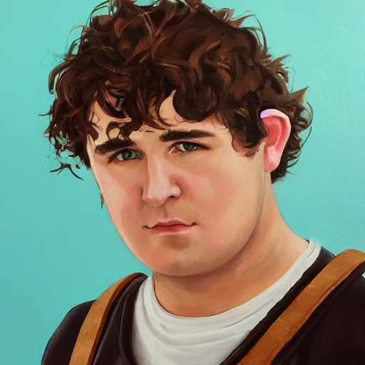 Prompt: close up headshot of a frowning clean shaven pudgy British lad with short curly dark brown hair as a hobbit wearing a white men's crossbody sling chest bag and blue vest, blue vest!! white crossbody chestbag!! high resolution film still, painting by Charlie Bowater