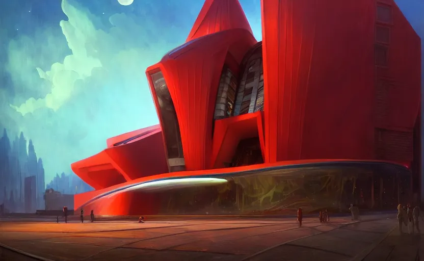 Image similar to exterior shot of utopian architecture red building with cinematic lighting by zaha hadid and renzo piano, darek zabrocki and greg ruthkowski, alphonse mucha, simon stalenhag, cinematic, stars, beautiful, holy place, paradise, scifi, futurism, atmospheric, concept art, artstation, trending on artstation