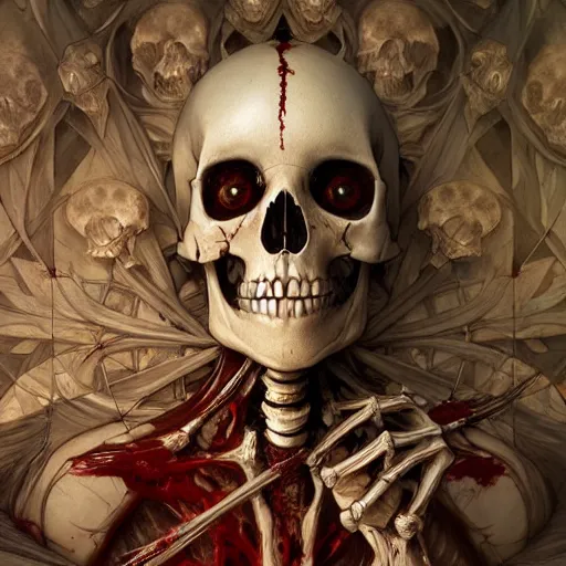 Image similar to human skeleton covered with blood, ultra realistic, concept art, intricate details, highly detailed, photorealistic, octane render, 8 k, unreal engine. art by artgerm and greg rutkowski and alphonse mucha