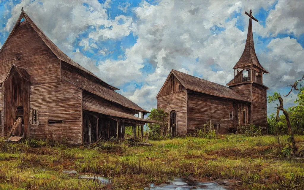 Image similar to an old wooden church rotting away in the bayou, realistic, oil painting, dynamic composition, ultra detailed