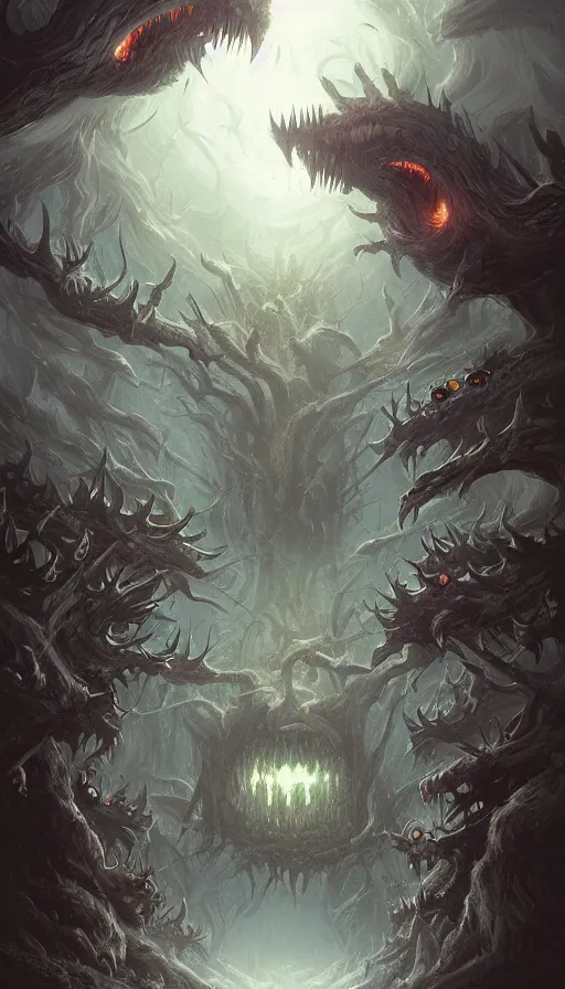 Image similar to a storm vortex made of many demonic eyes and teeth over a forest, by ross tran