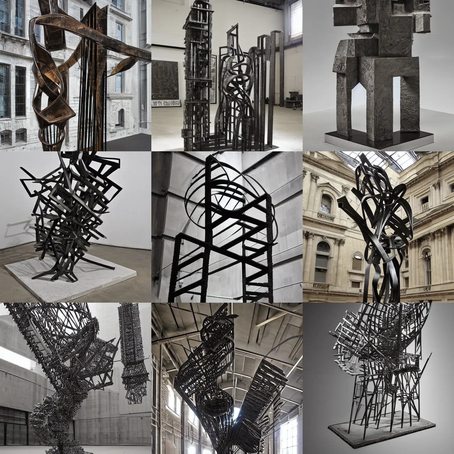 Prompt: Award-winning sculpture by Giovanni Battista Piranesi and Eduardo Chillida. Made of steel, hyper-detailed. Studio lightning