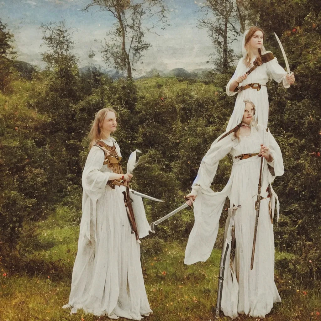 Prompt: Photo of a lady in a white dress, holding a sword, medieval, serene landscape, psychedelia