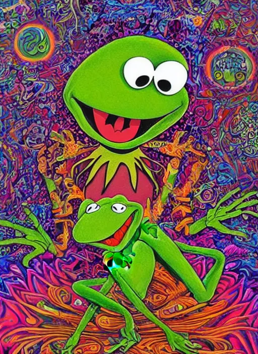 Prompt: Kermit the Frog on ayahuasca painting by aaron brooks, chris dyer, android jones, and alex grey