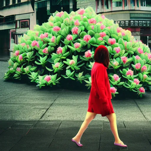 Image similar to giant rhododendron flower head, woman walking through city, surreal photography, cinema, realistic, symmetry, detailed, retro, wes anderson