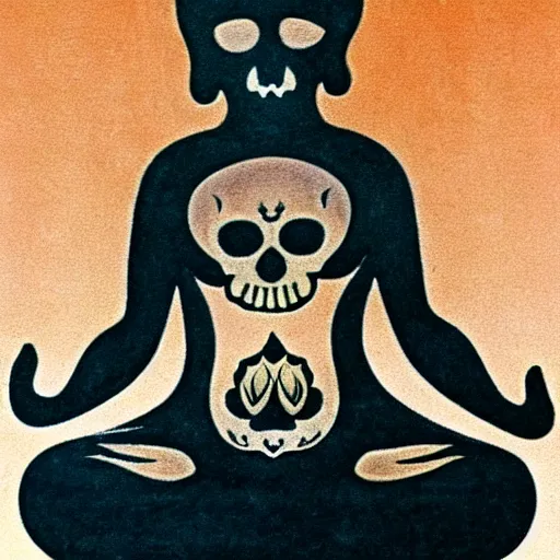 Image similar to yogi sitting in the lotus position in meditation and out of the body holds a skull in his left hand and holds a planet in his right