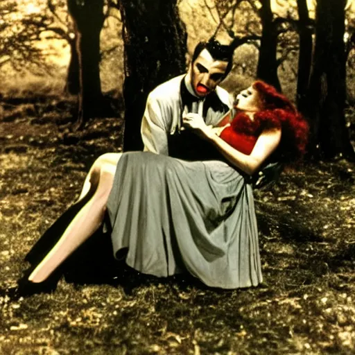 Prompt: 1 9 3 9 technicolor movie still of vampire under a big tree in the sunset, biting scarlet o'hara's neck as she swoons. he is wearing a black cape with a high collar and he is pale.