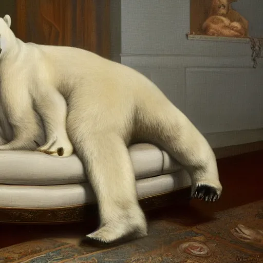 Prompt: polar bear sitting on a couch in the living room by george stubbs, artstation, oil on canvas