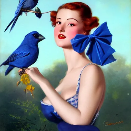 Image similar to portrait of a pinup girl holding an indigo bunting, bird, the bird is wearing a bowtie, by greg rutkowski, rossdraws, gil elvgren, enoch bolles, anime, porcelain skin, very coherent