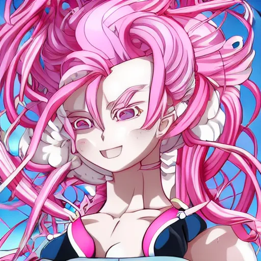 Prompt: stunningly beautiful omnipotent megalomaniacal anime goddess who looks like junko enoshima with porcelain skin, pink twintail hair and mesmerizing cyan eyes, symmetrical perfect face smiling in a twisted, mischievous, devious and haughty way while looking down upon the viewer and taking over the universe, mid view, hyperdetailed, 2 d, 8 k