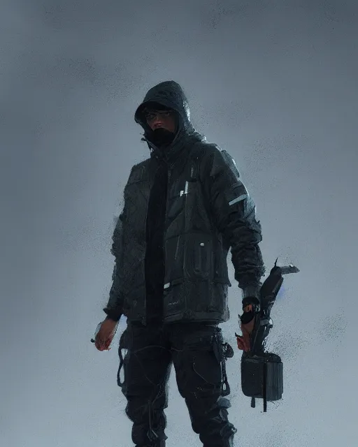 Image similar to Medium shot of a character wearing techwear in the style of greg rutkowski