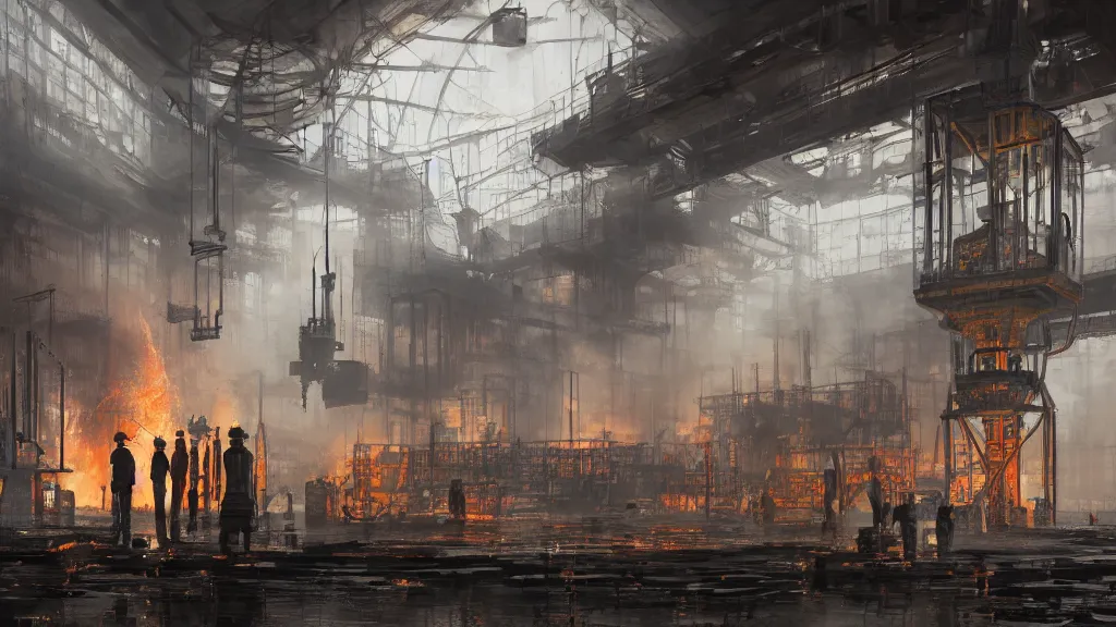 Prompt: interior of heavy steel foundry with cranes and engineers working on molten steel, papyrus, watercolored, jakub rozalski, bright colours, dieselpunk, concept art, trending on artstation