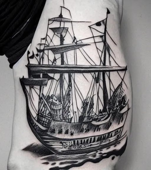 Image similar to A realistic tattoo design sketch of a pirate ship, paper background, black and white, highly detailed tattoo, shaded tattoo, hyper-realistic tattoo