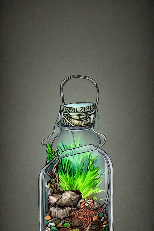 Prompt: a fantasy styled trash inside a terrarium bottle , digital art