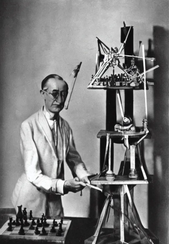 Prompt: marcel duchamp holding up a chess - piece wire - machine, a surrealist painting by marcel duchamp, complex artificial - intelligence machinery, flickr contest winner, studio portrait, 1 9 2 0 s