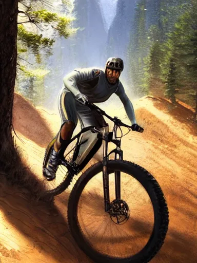 Image similar to handsome man riding a mountain bike in the wild, downhill. intricate, elegant, highly detailed, digital painting, artstation, cinematic shot, concept art, sharp focus, illustration, by justin gerard and artgerm, 8 k