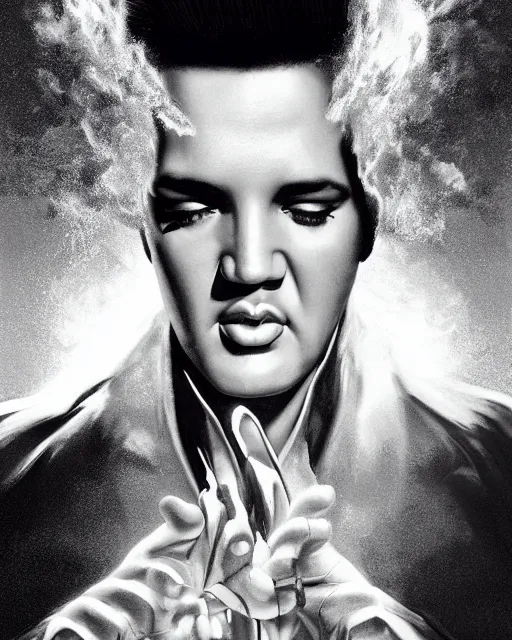 Image similar to a powerful energy elvis presley, by alexander fedosav, hyper detailed digital matte painting, concept art, hyperrealism, 1 6 k resolution, cinema 4 d, 8 k resolution, trending on artstation, behance hd, a masterpiece, by stephan martiniere, particles, cel - shaded, power bright neon energy, by david a. hardy,