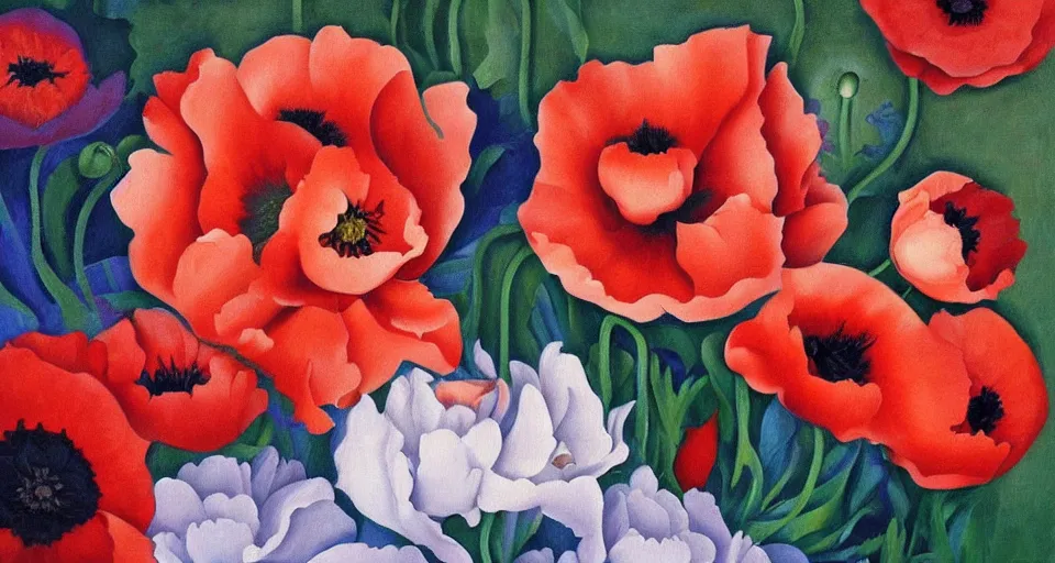 Image similar to beautiful oil painting of poppies and peonies by Georgia O'Keeffe