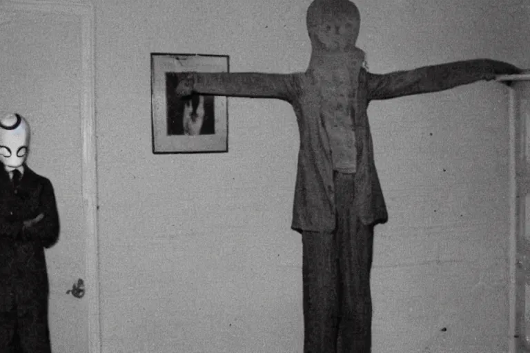 Prompt: an very old photo of slenderman in a house with nothing else