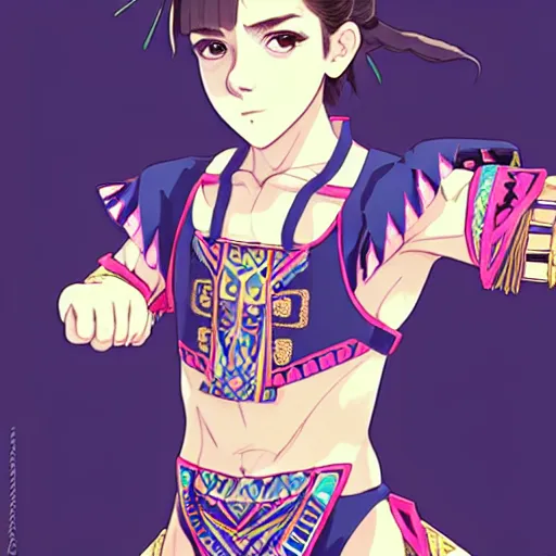 Image similar to a beautiful boyish emma watson alluring instagram model, wearing elaborate japanese hiphop leotard outfit with mayan pattern and native fashion, aztec street fashion bathing suit, jrpg fashion, gapmoe yandere grimdark, trending on pixiv fanbox, painted by greg rutkowski makoto shinkai takashi takeuchi studio ghibli, akihiko yoshida