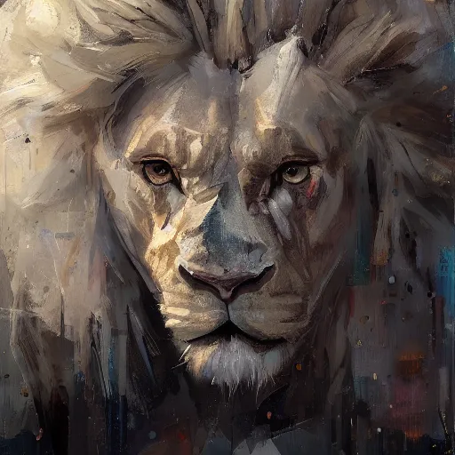 Prompt: aesthetic portrait commission of a of a muscular male fully furry anthro albino lion cybernetic, highly detailed oil painting, impasto brush strokes, soft light, 8 k, cyberpunk colour palette, dramatic composition, dramatic lighting, sharp focus, masterpiece, by adrian ghenie and jenny saville and zhang jingna