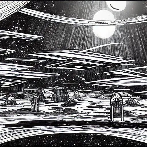 Image similar to a black pen sketch of a futuristic martian civilization, solarpunk