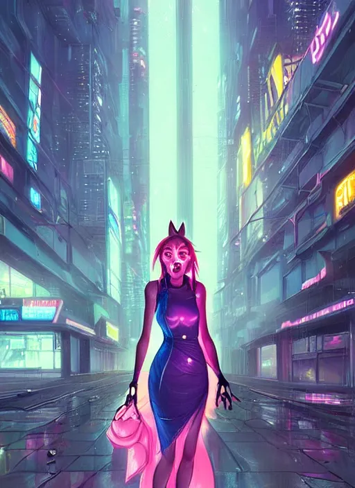 Prompt: beautiful portrait commission of a female furry anthro mountain lion wearing a cocktail dress. Cyberpunk city at night in the rain. Neon light. Atmospheric. Character design by charlie bowater, ross tran, artgerm, and makoto shinkai, detailed, inked, western comic book art