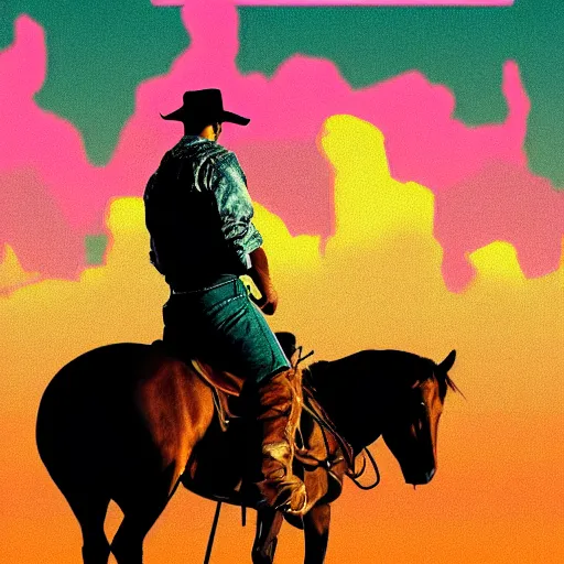 Prompt: cowboy slav squatting on top of his horse, synthwave poster, 8k