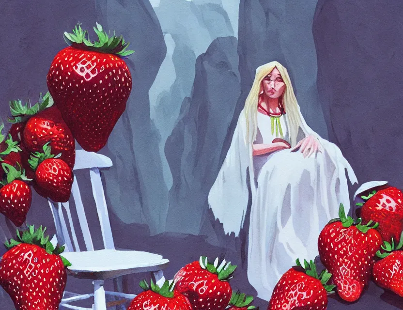 Image similar to priestess of chairs and strawberries in the icy mountains. gouache painting by indie concept artist, chiaroscuro, bokeh, backlighting, field of depth