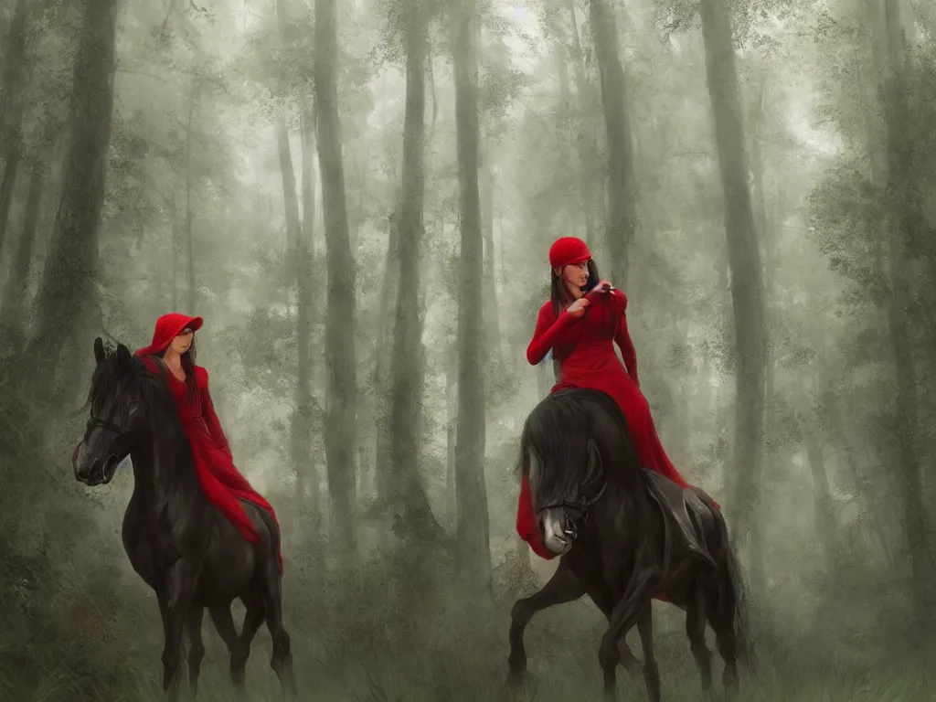 Image similar to a female beauty wearing a red cap rides through a dense green oak and beech forrest on a strong black horse, rays of life, cinematic, fantasy art, moody evening light, foggy, trending on artstation, by esao andrews, by cynthia sheppard, by naoto hatori, by tyler jacobson