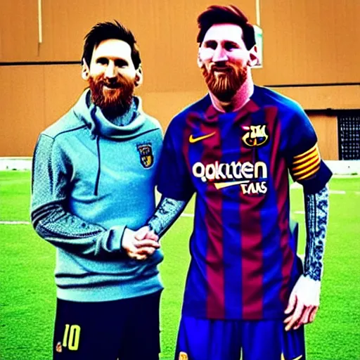 Image similar to lionel messi standing beside a majestic goat, intricate, elegant, highly detailed