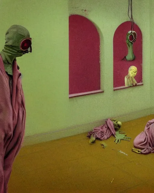 Prompt: two skinny figures wearing gas masks draped in silky gold, pink and green, in an abandoned hospital room with medical waste on floor, outside the window a storm rages, feeling of impending doom, gentle, depth of field, extremely detailed, in the style of Francis Bacon, Esao Andrews, Zdzisław Beksiński, Edward Hopper, surrealism, art by Takato Yamamoto and James Jean