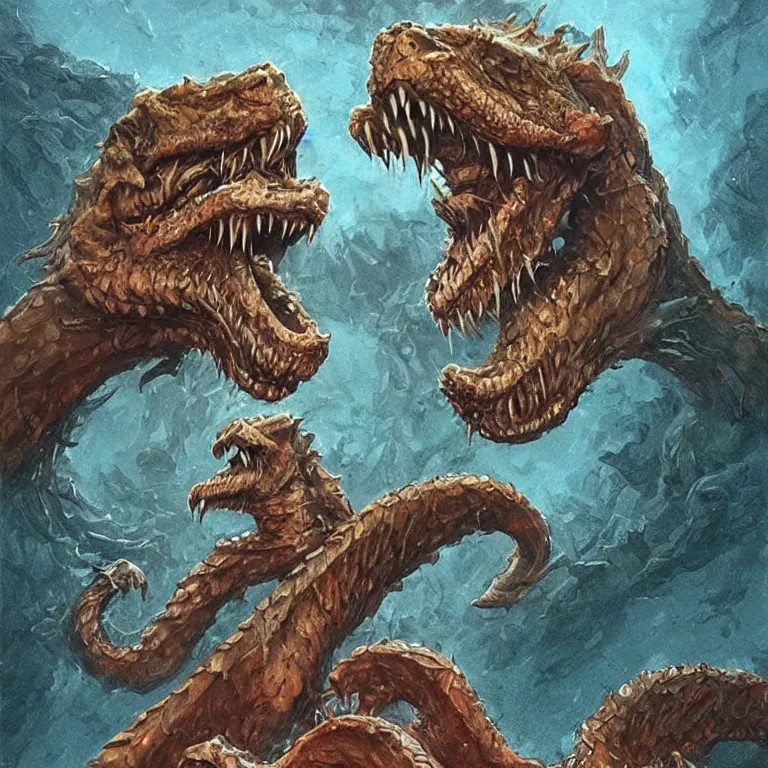 Image similar to two - headed hydra of lerna, jim carey as lloyd christmas and jeff daniels as harry dunne ( from dumb and dumber ), serpentine water monster, aquatic, d & d, fantasy, portrait, highly detailed, digital painting, trending on artstation, concept art, sharp focus, illustration, art by artgerm and greg rutkowski and magali villeneuve