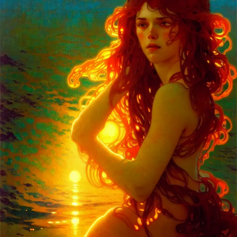 Image similar to sea of glossy liquid honey drops flowing like translucent amber, backlit, sunset, refracted lighting, art by collier, albert aublet, krenz cushart, artem demura, alphonse mucha