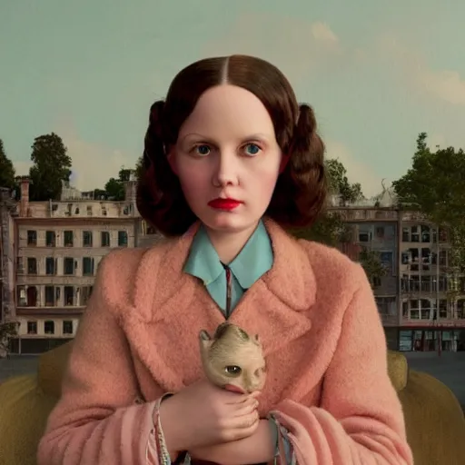 Prompt: a realistic image of a women from a wes anderson film looking at the camera mark ryden, 3 d 8 k ultra detailed