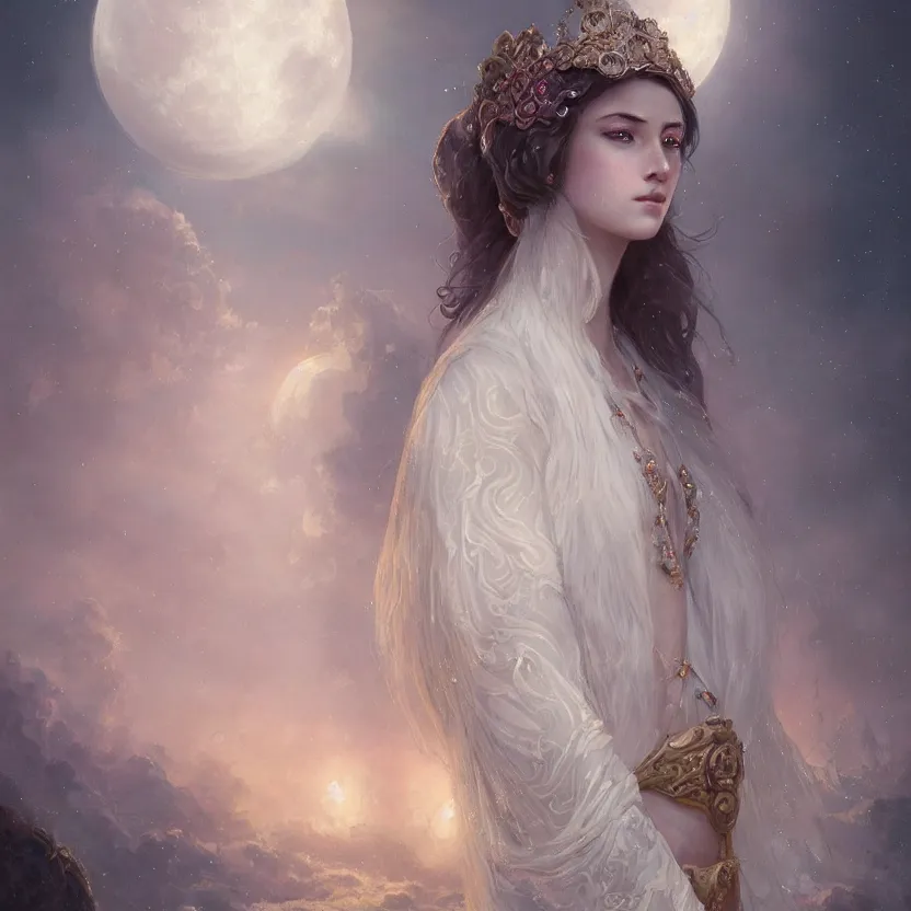 Image similar to a beautiful digital painting of a princess, princess, the moon behind her, intricate, cinematic lighting, highly detailed, digital painting, concept art, smooth, sharp focus, illustration, art by tom bagshaw, artgerm and greg rutkowski