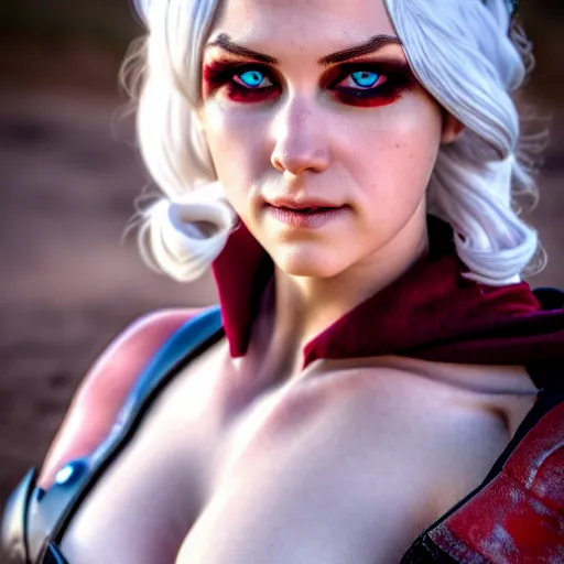 Image similar to cirilla cosplay, desert, professional shooting, natural light, anatomically correct body, beautiful face, many details, super realistic, high quality, 8 k