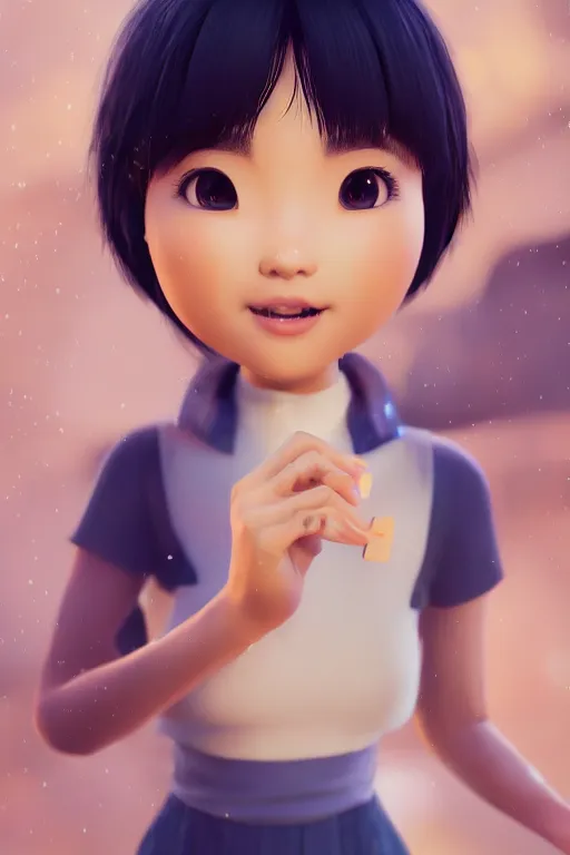 Prompt: a cute Asian girl singing, short stylish hair in the style of DreamWorks animation, mid-shot, profile, low angle view, 16mm lens, award winning, hyper detailed, studio lighting, artstation, octane renderer, unreal engine