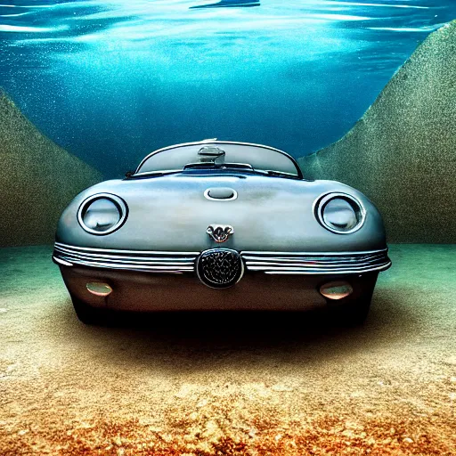 Prompt: hyperrealistic photo of an old jaguar car underwater in a swimming pool, 4 k, 8 k, thin film, full shot